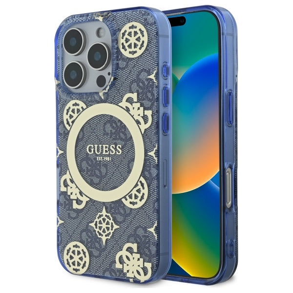 Étui MagSafe pour Apple iPhone 16 Pro, Guess, IML Peony On 4G Background, Bleu