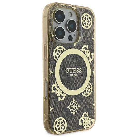 Étui MagSafe pour Apple iPhone 16 Pro, Guess, IML Peony On 4G Background, Marron