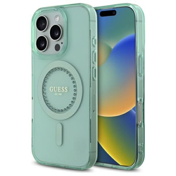 Coque MagSafe pour Apple iPhone 16 Pro, Guess, IML Rhinestone, Vert