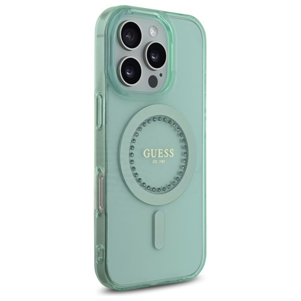 Coque MagSafe pour Apple iPhone 16 Pro, Guess, IML Rhinestone, Vert