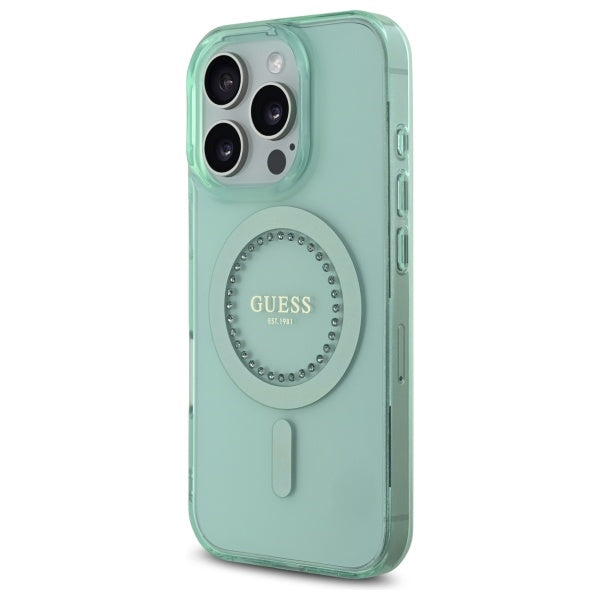 Coque MagSafe pour Apple iPhone 16 Pro, Guess, IML Rhinestone, Vert