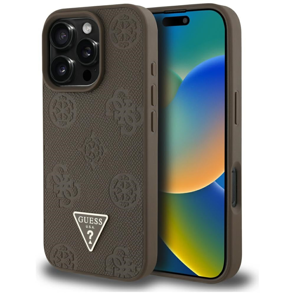 MagSafe Case for Apple iPhone 16 Pro, Guess, Peony Grained Hot Stamp Triangle, Brown
