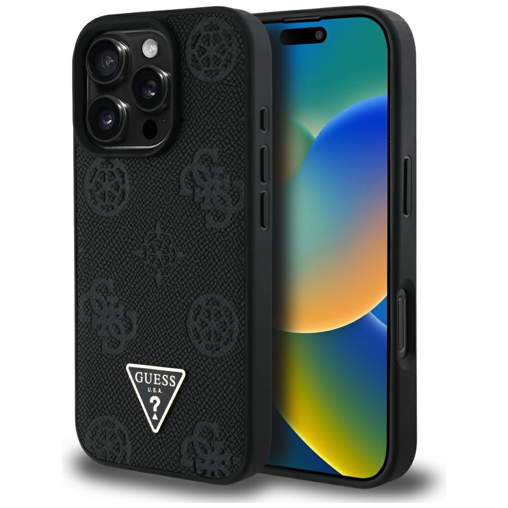 Coque MagSafe pour Apple iPhone 16 Pro, Guess, Peony Grained Hot Stamp Triangle, Noire