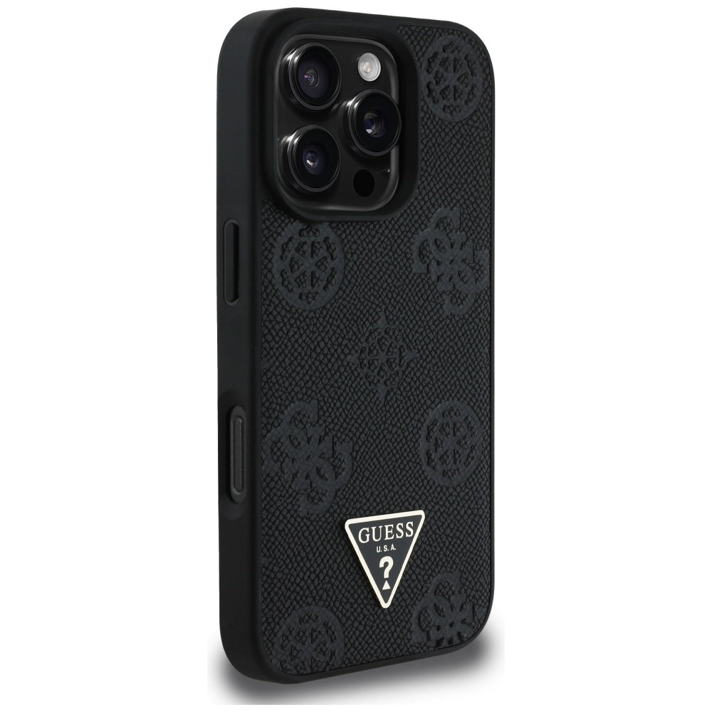 Coque MagSafe pour Apple iPhone 16 Pro, Guess, Peony Grained Hot Stamp Triangle, Noire