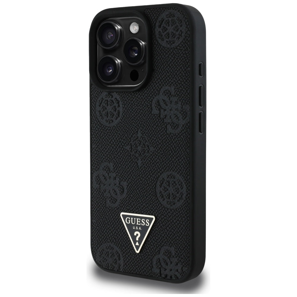Coque MagSafe pour Apple iPhone 16 Pro, Guess, Peony Grained Hot Stamp Triangle, Noire