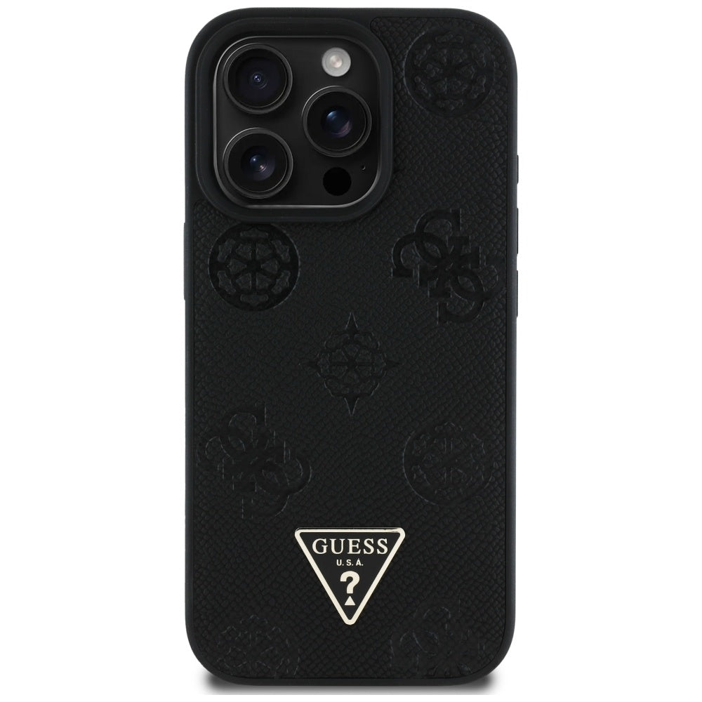 Coque MagSafe pour Apple iPhone 16 Pro, Guess, Peony Grained Hot Stamp Triangle, Noire