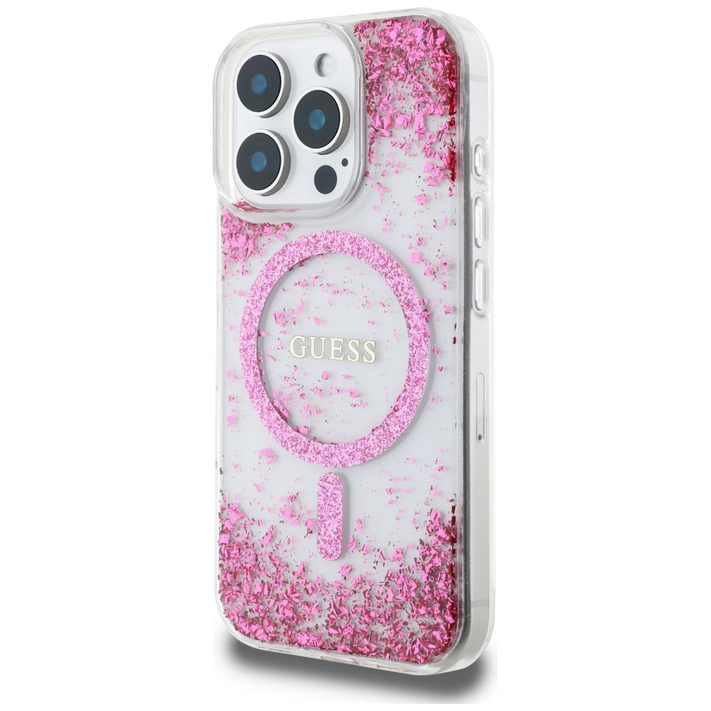 Coque MagSafe pour Apple iPhone 16 Pro, Guess, Resin Bottom Glitter, Rose