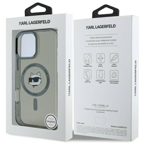 Housse MagSafe pour Apple iPhone 16 Pro, Karl Lagerfeld, IML Metal Choupette's Head, Noire