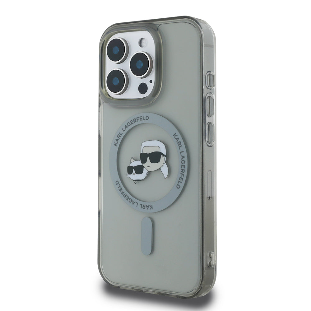 Housse MagSafe pour Apple iPhone 16 Pro, Karl Lagerfeld, IML Metal Karl & Choupette's Heads, Noire