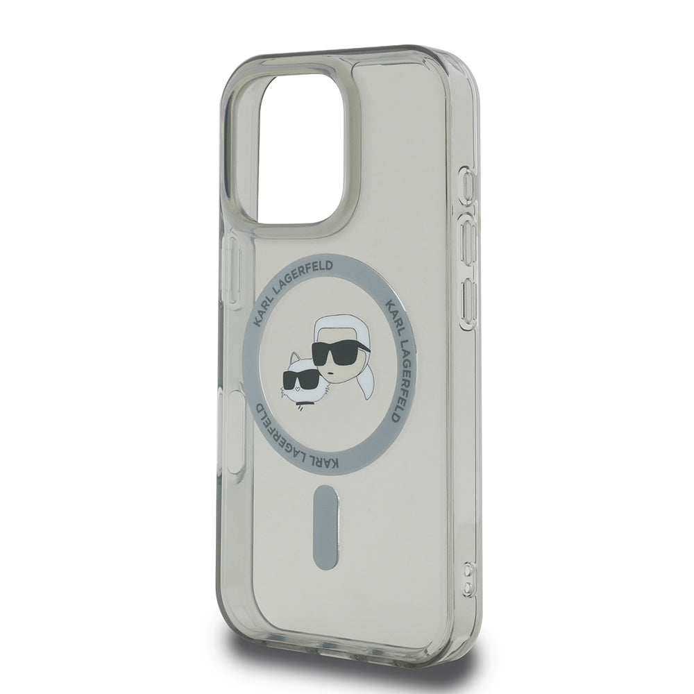Housse MagSafe pour Apple iPhone 16 Pro, Karl Lagerfeld, IML Metal Karl & Choupette's Heads, Noire