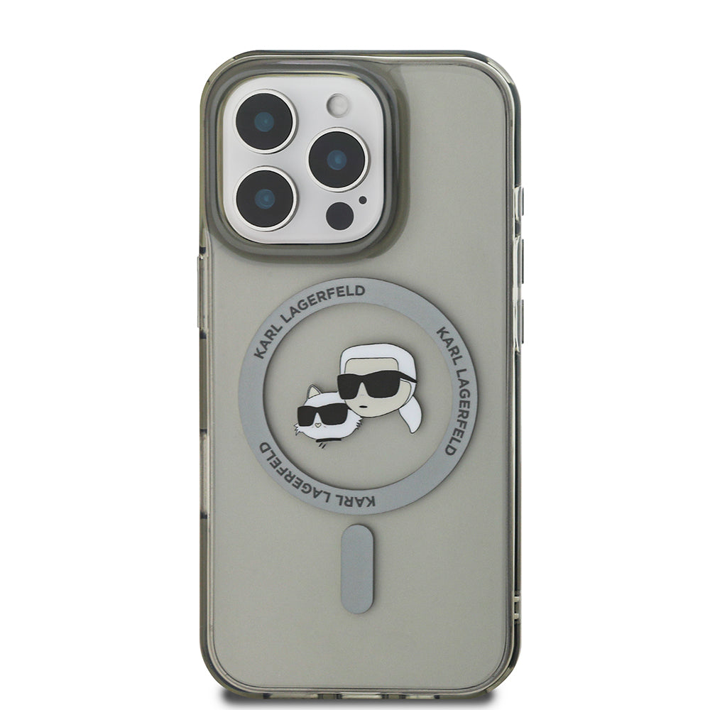 Housse MagSafe pour Apple iPhone 16 Pro, Karl Lagerfeld, IML Metal Karl & Choupette's Heads, Noire