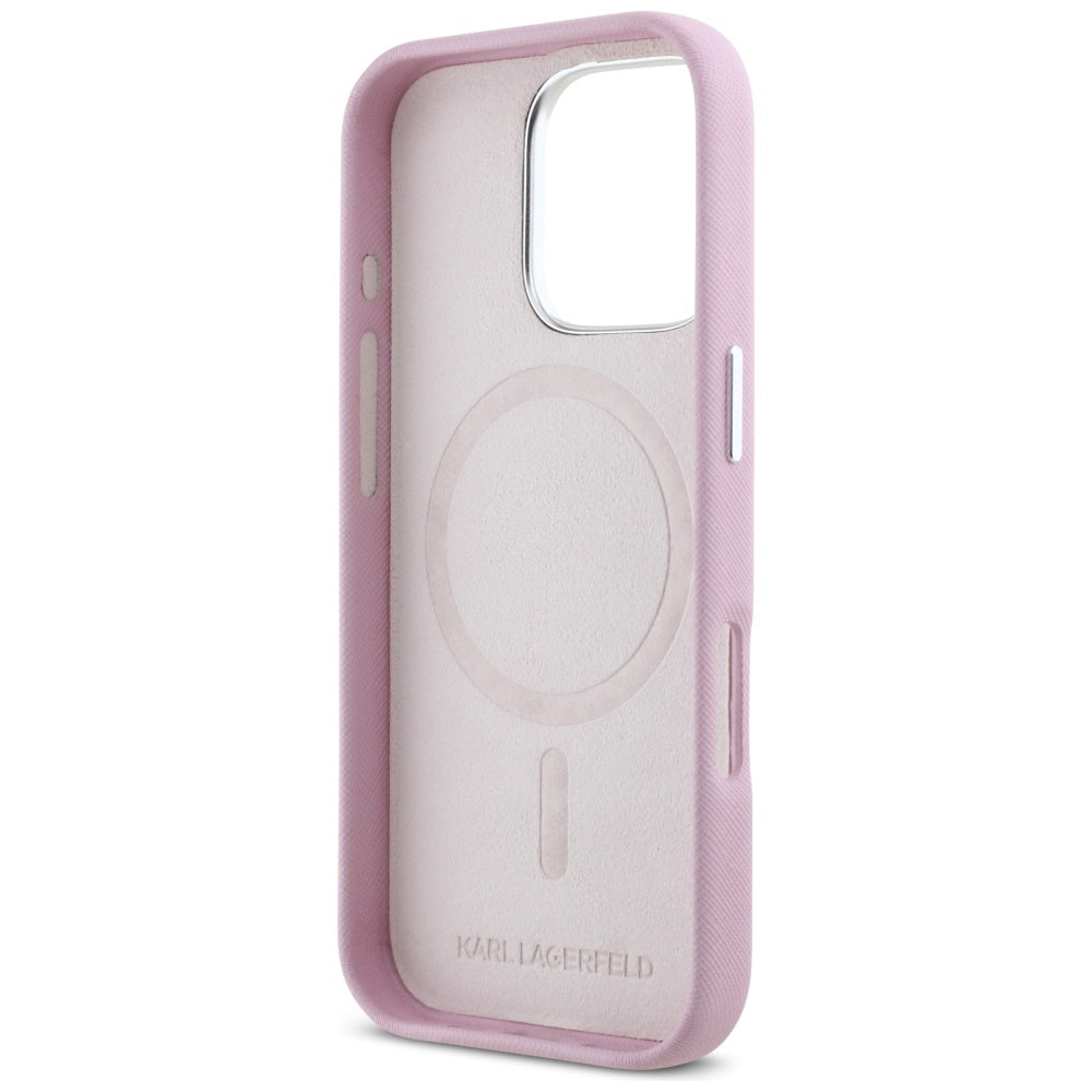 MagSafe Case for Apple iPhone 16 Pro, Karl Lagerfeld, Saffiano Full Wrapped Elongated Metal Logo, Pink