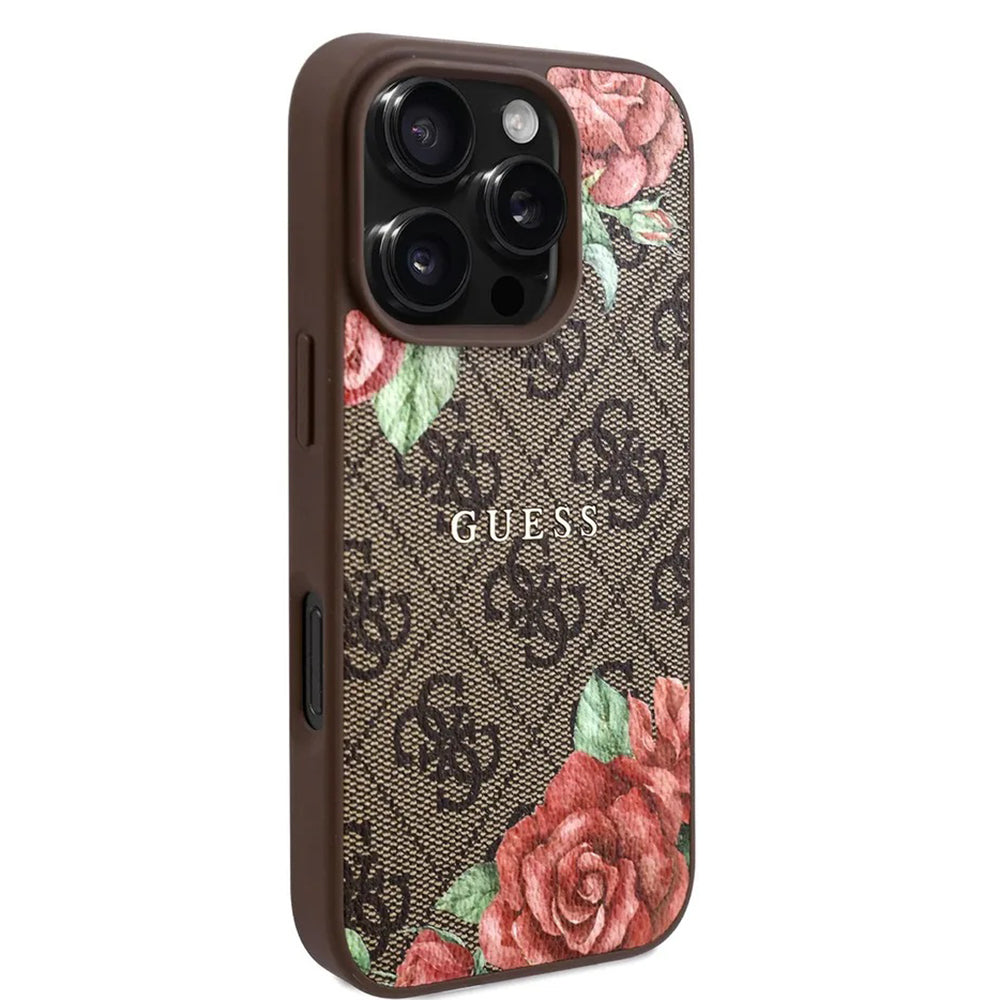 Étui MagSafe pour Apple iPhone 16 Pro Max, Guess, Imprimé Fleurs 4G, Marron