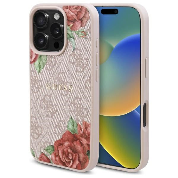Coque MagSafe pour Apple iPhone 16 Pro Max, Guess, Imprimé Fleurs 4G, Rose