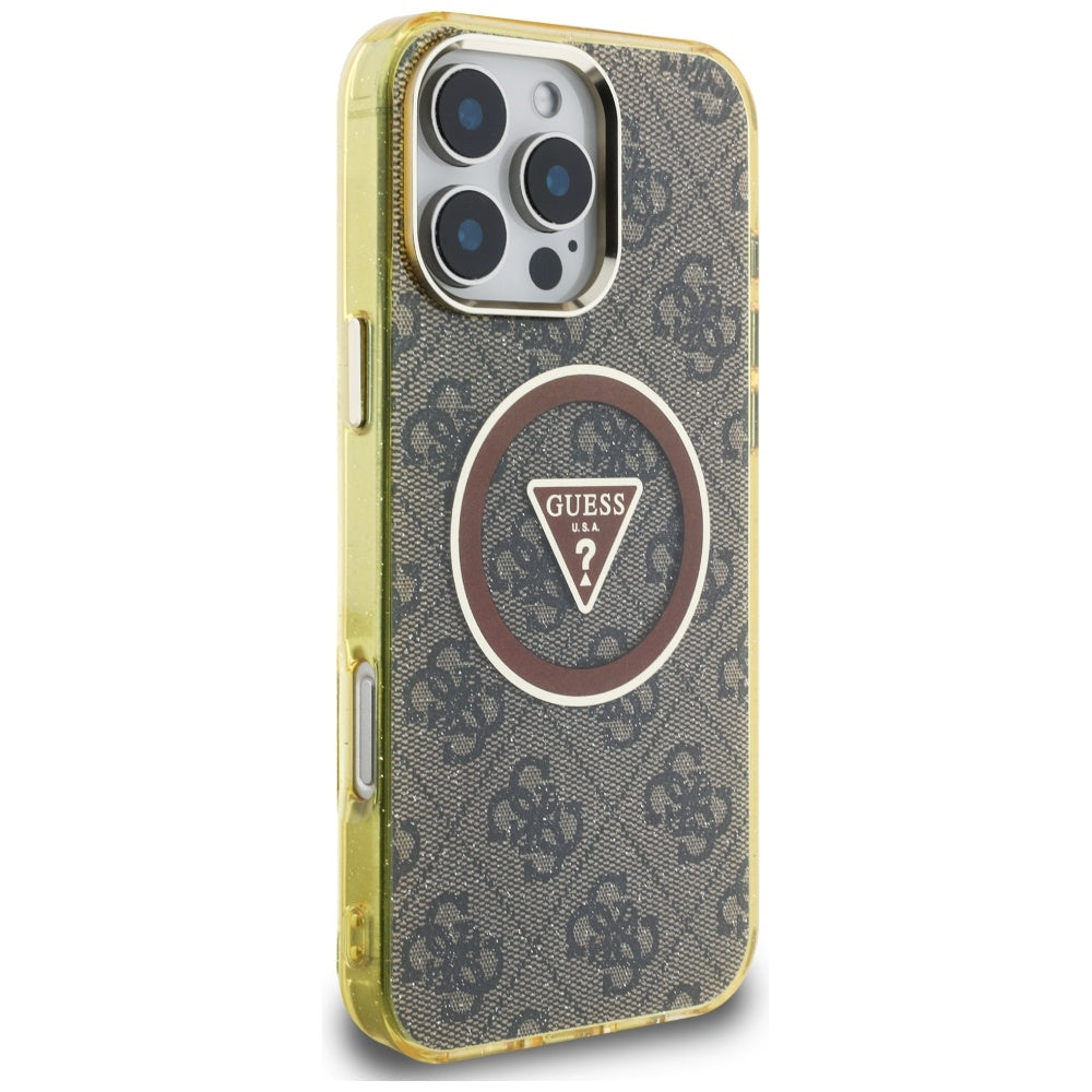 Étui MagSafe pour Apple iPhone 16 Pro Max, Guess, IML Glitter 4G Circle Triangle, Marron