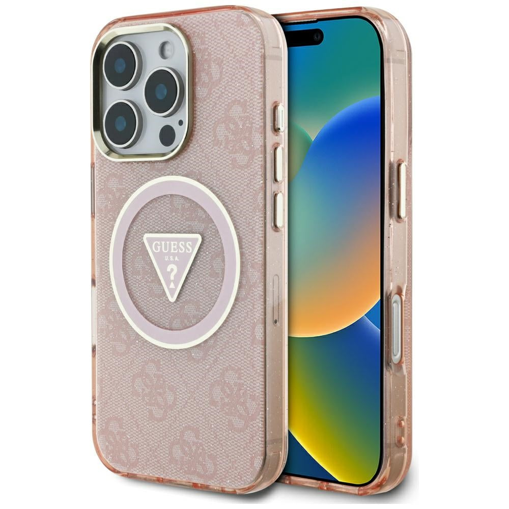 Étui MagSafe pour Apple iPhone 16 Pro Max, Guess, IML Glitter 4G Circle Triangle, Rose