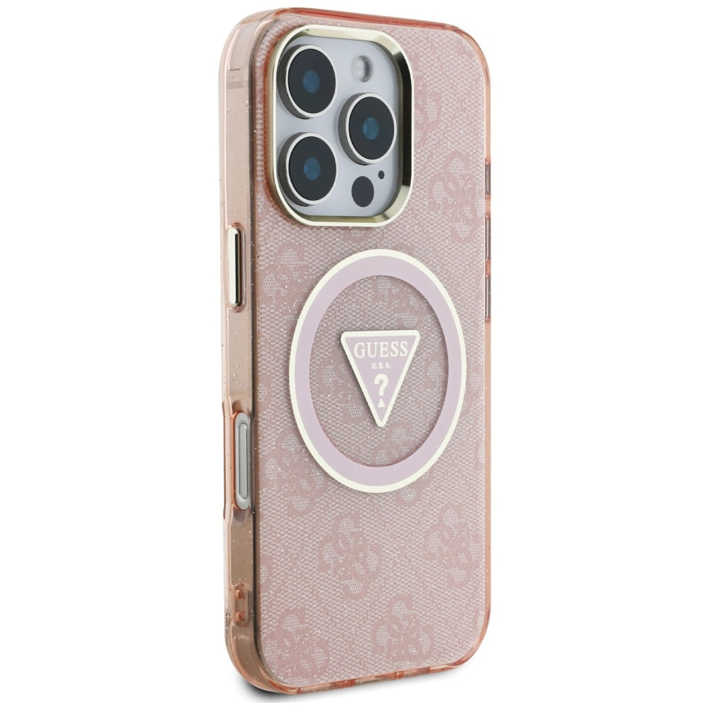 Étui MagSafe pour Apple iPhone 16 Pro Max, Guess, IML Glitter 4G Circle Triangle, Rose