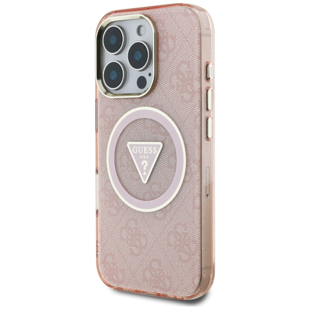 Étui MagSafe pour Apple iPhone 16 Pro Max, Guess, IML Glitter 4G Circle Triangle, Rose