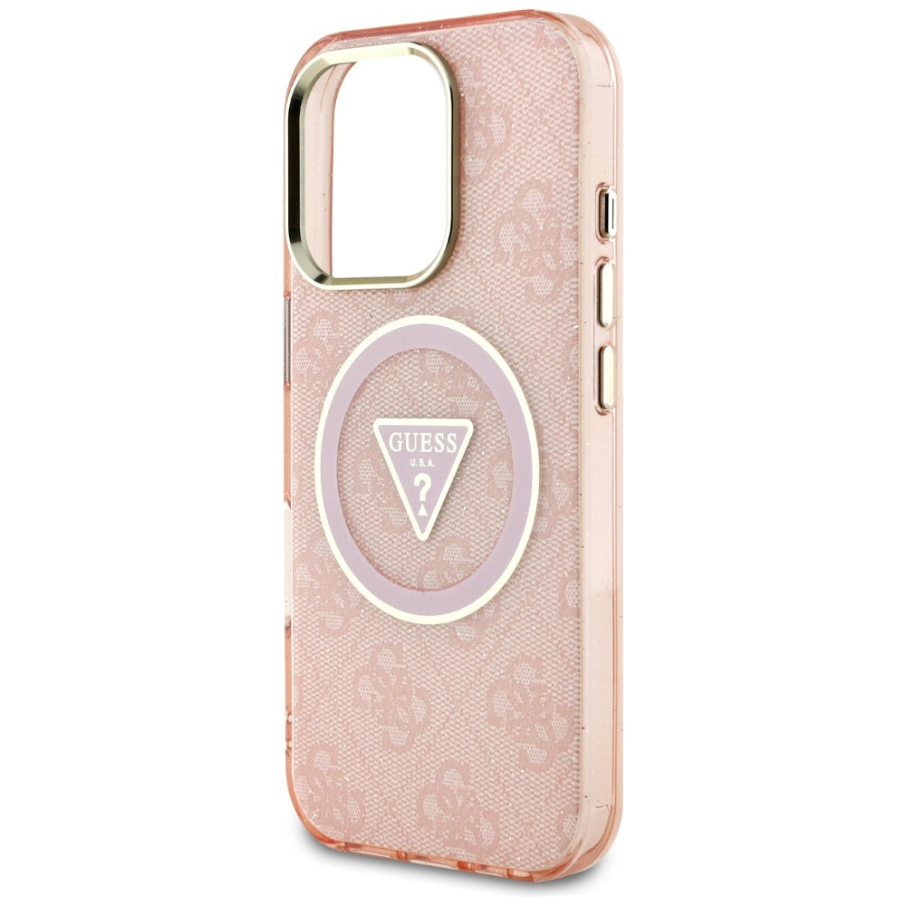 Étui MagSafe pour Apple iPhone 16 Pro Max, Guess, IML Glitter 4G Circle Triangle, Rose
