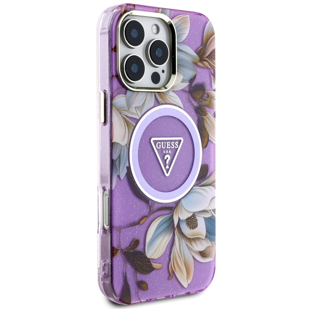 Étui MagSafe pour Apple iPhone 16 Pro Max, Guess, IML Metal Glitter Flowers Triangle, Violet