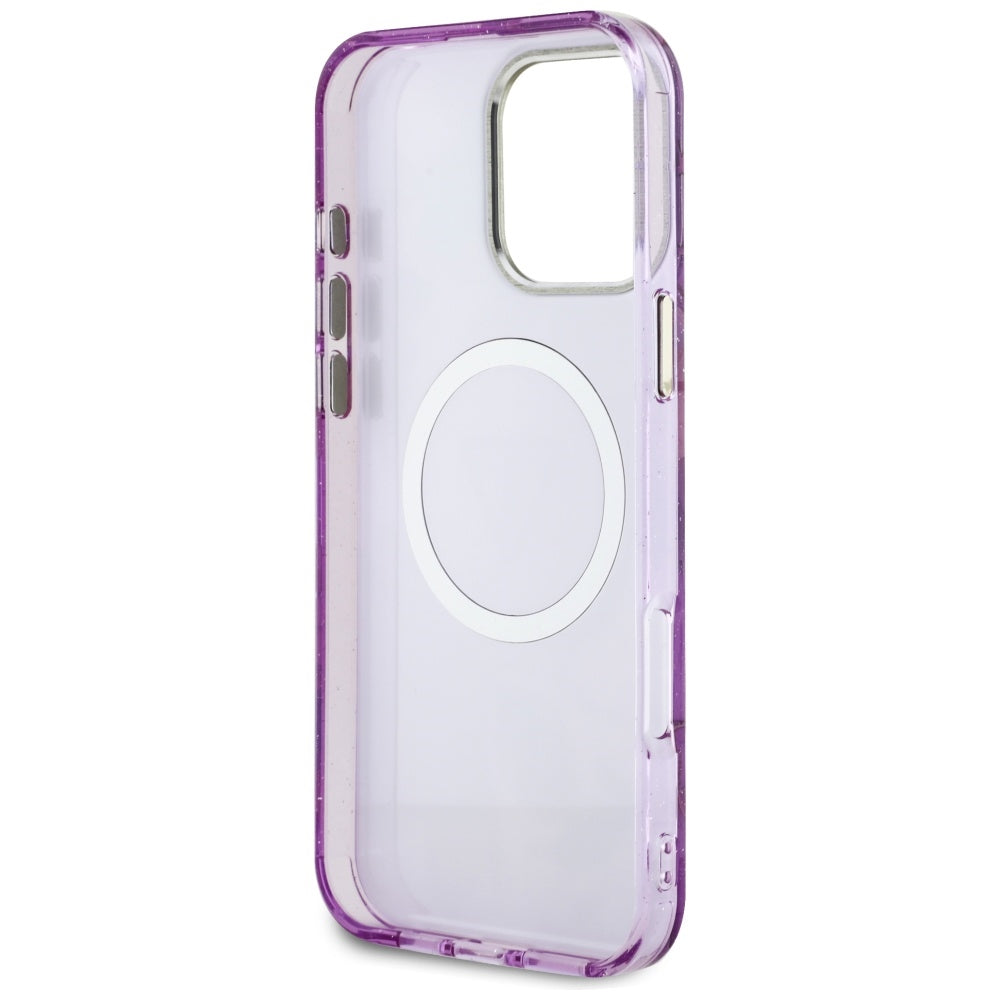 Étui MagSafe pour Apple iPhone 16 Pro Max, Guess, IML Metal Glitter Flowers Triangle, Violet
