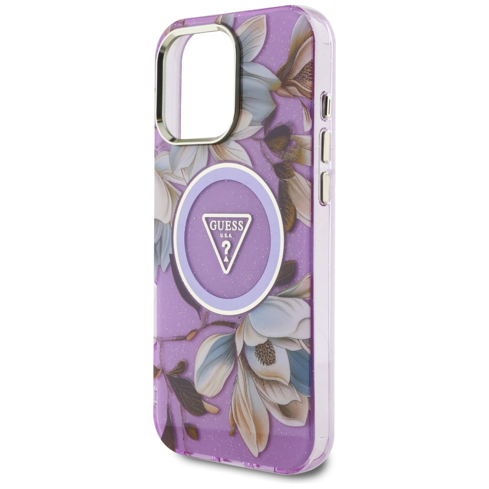 Étui MagSafe pour Apple iPhone 16 Pro Max, Guess, IML Metal Glitter Flowers Triangle, Violet