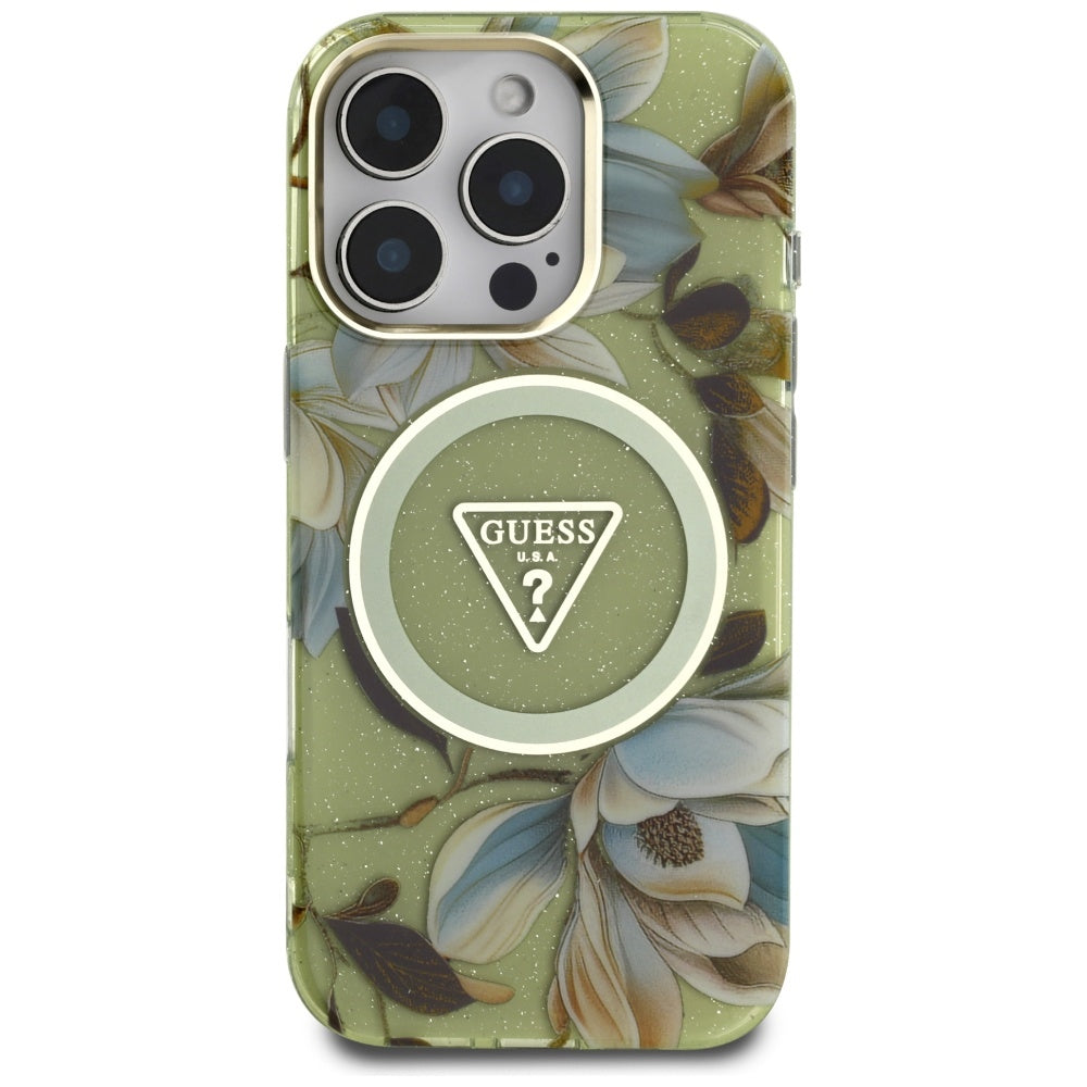 Étui MagSafe pour Apple iPhone 16 Pro Max, Guess, IML Metal Glitter Flowers Triangle, Vert