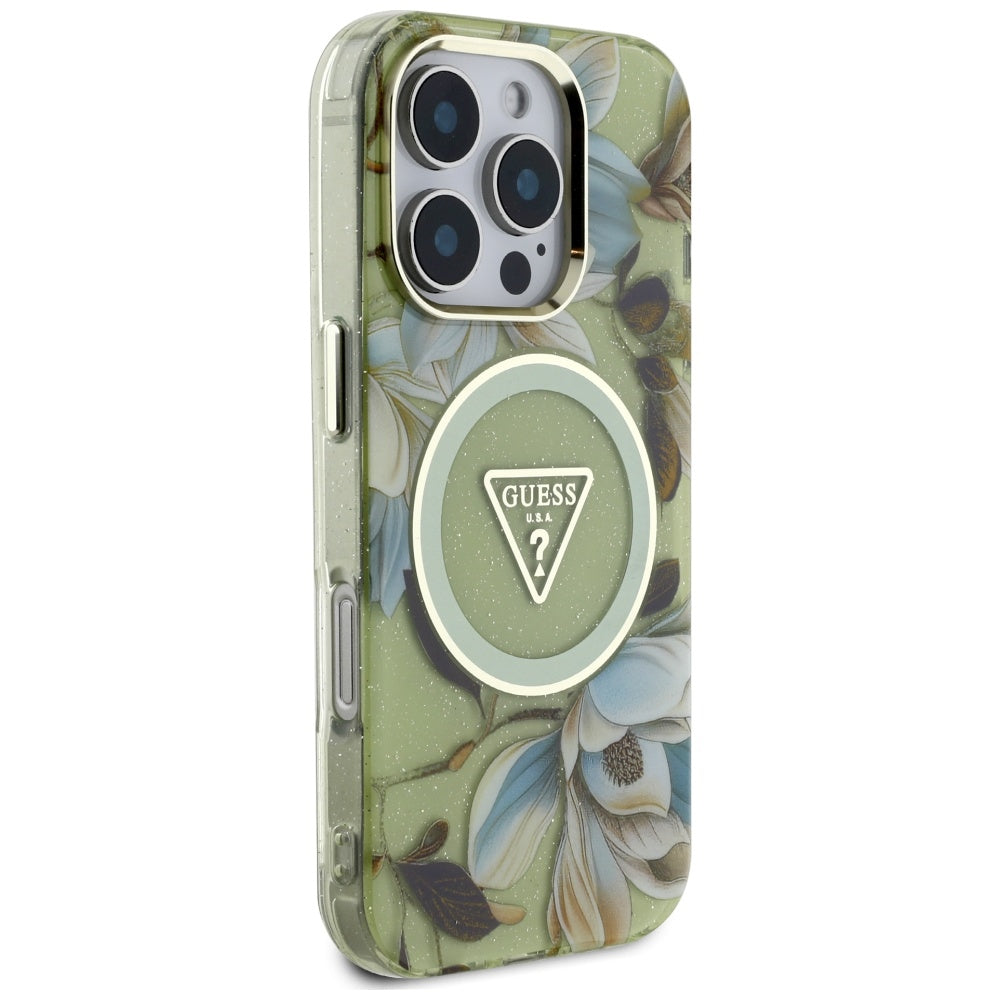 Étui MagSafe pour Apple iPhone 16 Pro Max, Guess, IML Metal Glitter Flowers Triangle, Vert