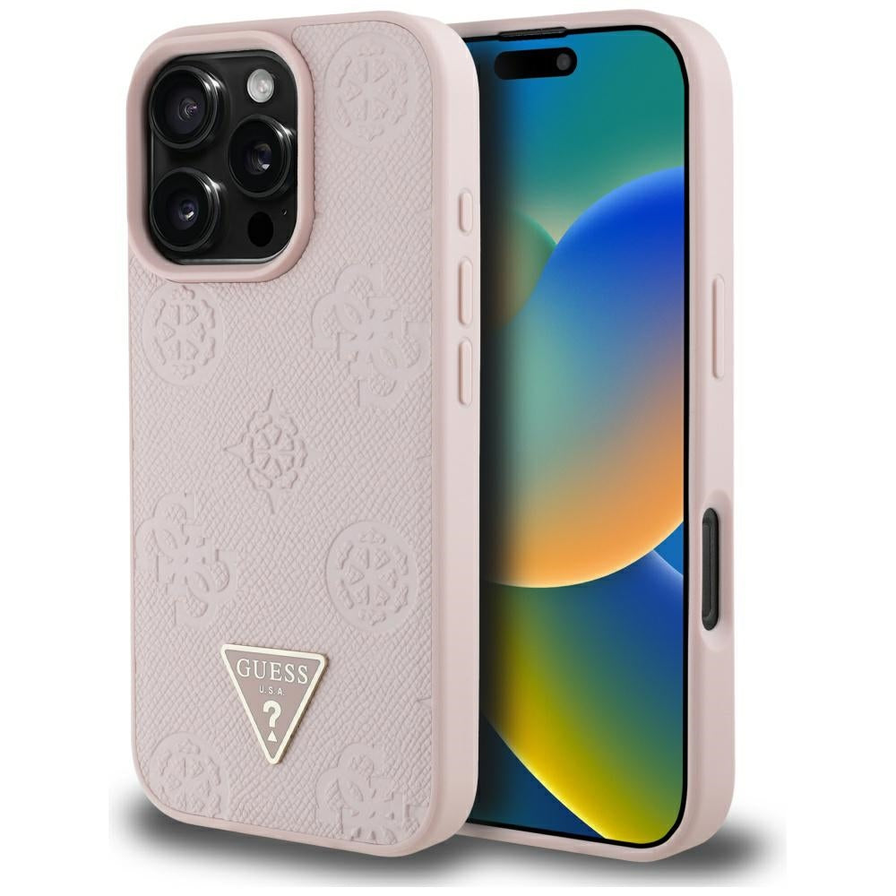 MagSafe Case for Apple iPhone 16 Pro Max, Guess, Peony Grained Hot Stamp Triangle, Pink