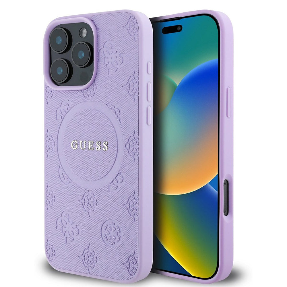 MagSafe Case for Apple iPhone 16 Pro Max, Guess, Saffiano Peony Classic Logo, Purple