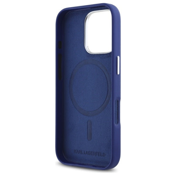 Coque MagSafe pour Apple iPhone 16 Pro Max, Karl Lagerfeld, FW Metal Plate, Bleue