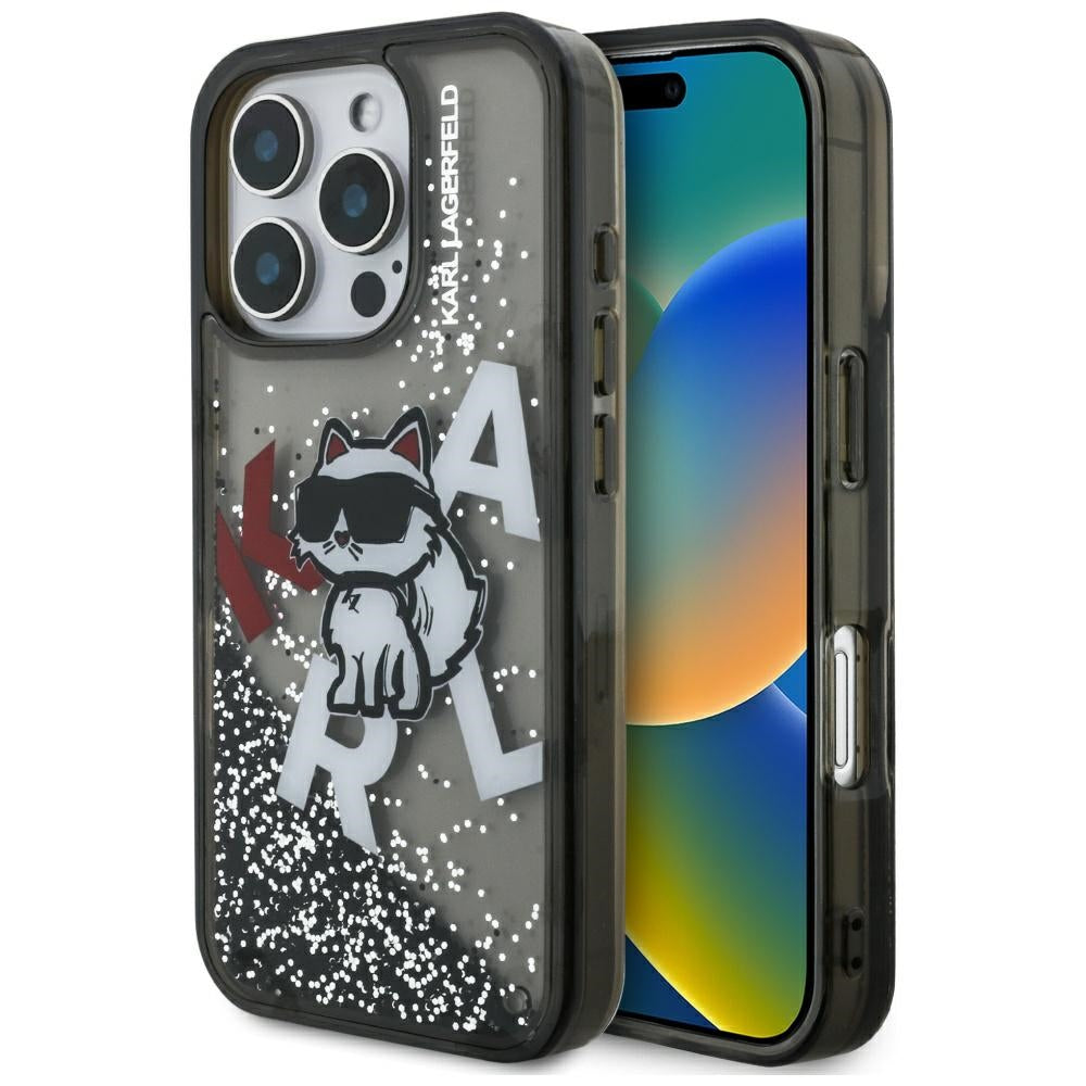 Housse MagSafe pour Apple iPhone 16 Pro Max, Karl Lagerfeld, Logo Choupette à Paillettes Liquides, Noire