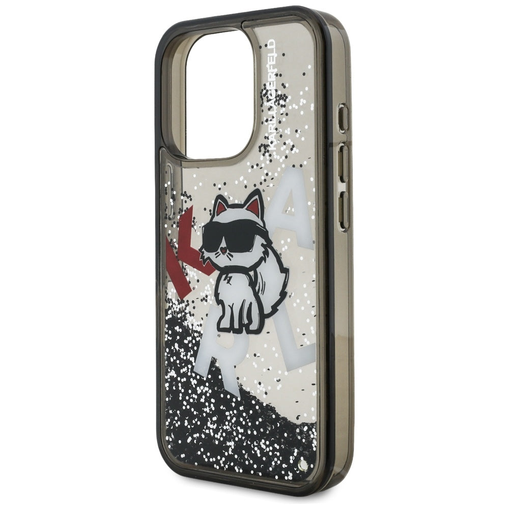 Housse MagSafe pour Apple iPhone 16 Pro Max, Karl Lagerfeld, Logo Choupette à Paillettes Liquides, Noire