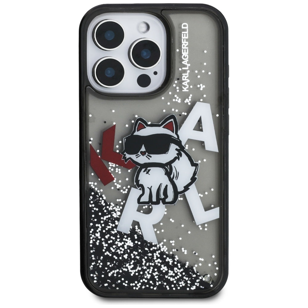 Housse MagSafe pour Apple iPhone 16 Pro Max, Karl Lagerfeld, Logo Choupette à Paillettes Liquides, Noire