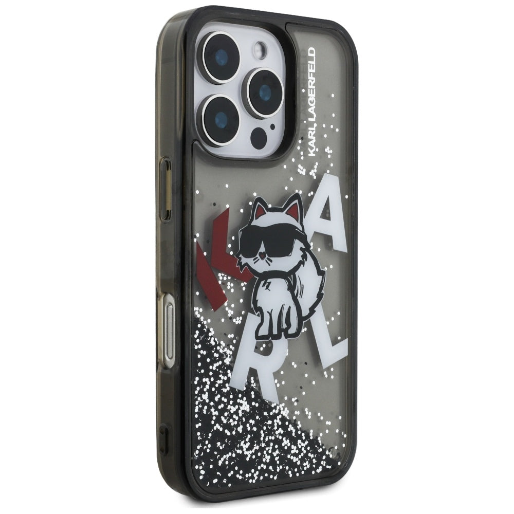 Housse MagSafe pour Apple iPhone 16 Pro Max, Karl Lagerfeld, Logo Choupette à Paillettes Liquides, Noire