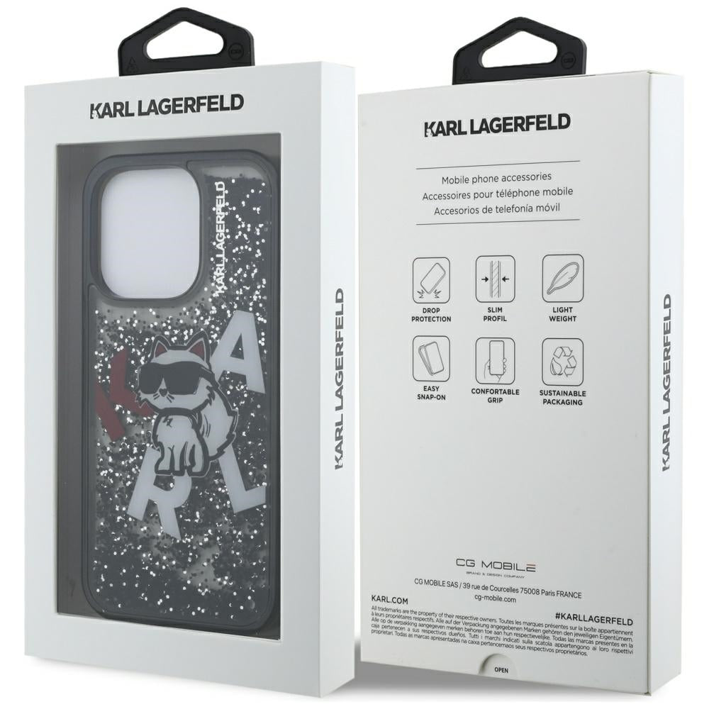 Housse MagSafe pour Apple iPhone 16 Pro Max, Karl Lagerfeld, Logo Choupette à Paillettes Liquides, Noire
