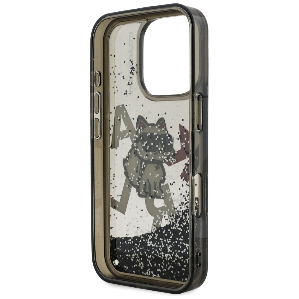 Housse MagSafe pour Apple iPhone 16 Pro Max, Karl Lagerfeld, Logo Choupette à Paillettes Liquides, Noire