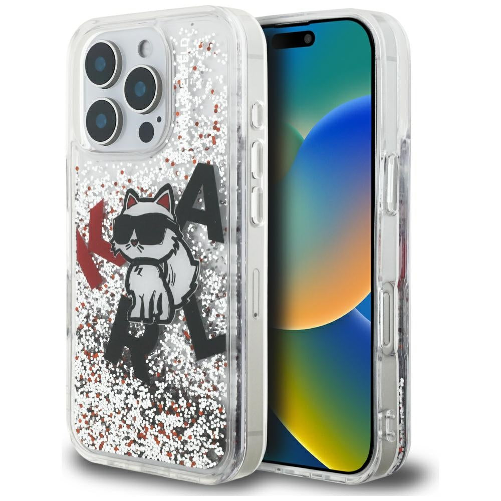 Étui MagSafe pour Apple iPhone 16 Pro Max, Karl Lagerfeld, Logo Choupette à Paillettes Liquides, Transparent