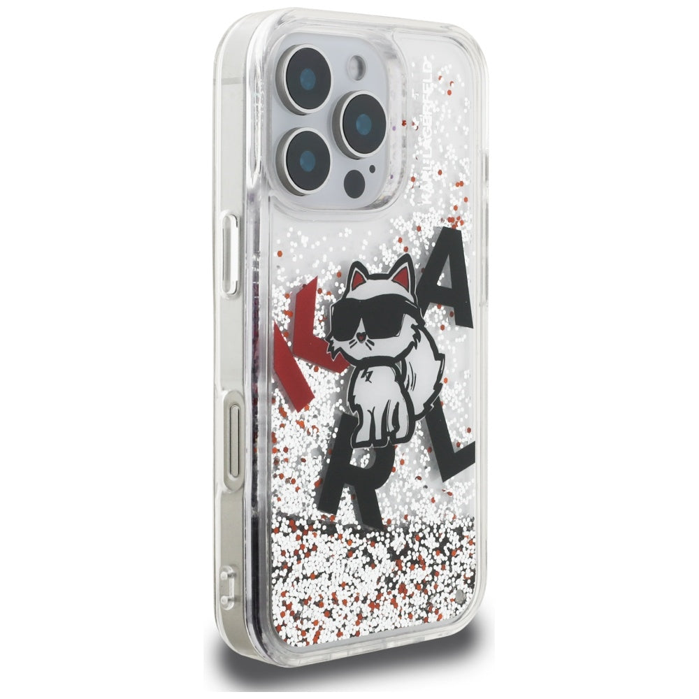 Étui MagSafe pour Apple iPhone 16 Pro Max, Karl Lagerfeld, Logo Choupette à Paillettes Liquides, Transparent