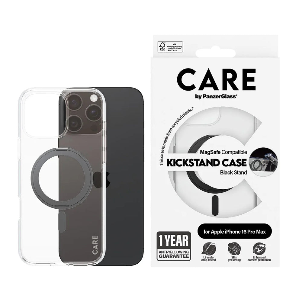 Coque MagSafe pour Apple iPhone 16 Pro Max, PanzerGlass, avec fonction support, Transparente Noire