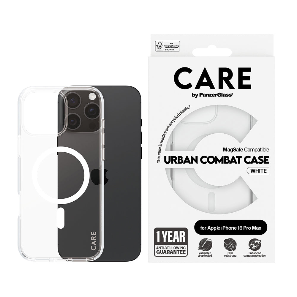 Coque MagSafe pour Apple iPhone 16 Pro, PanzerGlass, Care Urban Combat, Transparente Blanche