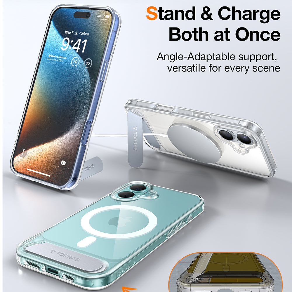 Étui MagSafe pour Apple iPhone 16, Torras, Pstand, Transparent