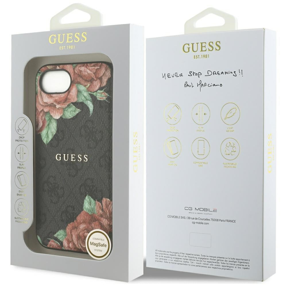 Étui MagSafe pour Apple iPhone 17e / 16e, Guess, Imprimé Fleurs 4G, Noir