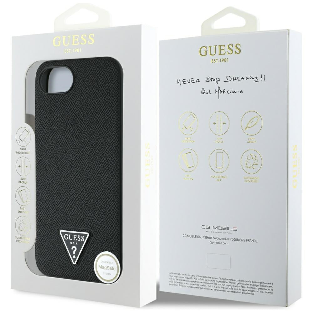 Étui MagSafe pour Apple iPhone 17e / 16e, Guess, Logo Triangle Grainé, Noir