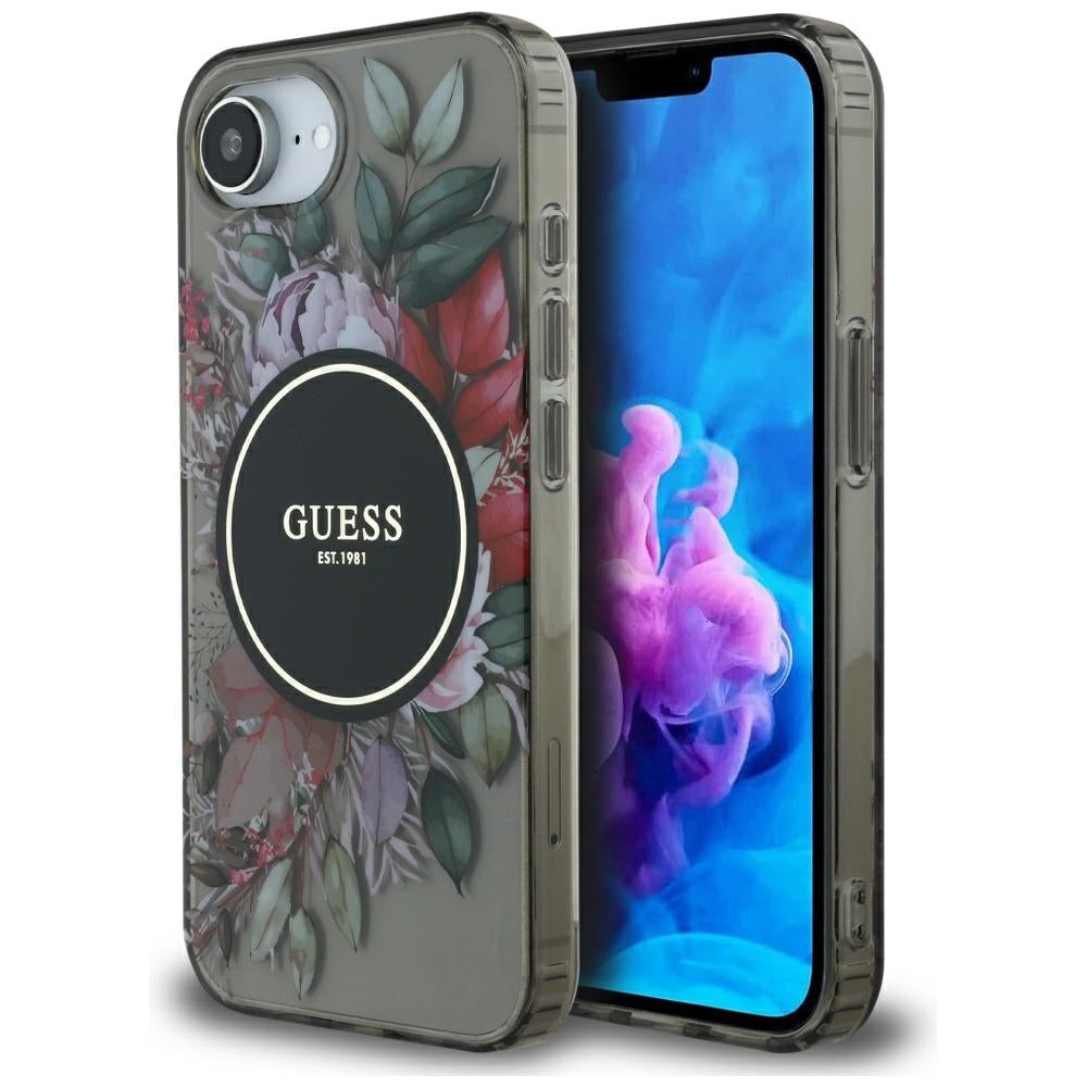 Étui MagSafe pour Apple iPhone 17e / 16e, Guess, IML Flowers, Noir