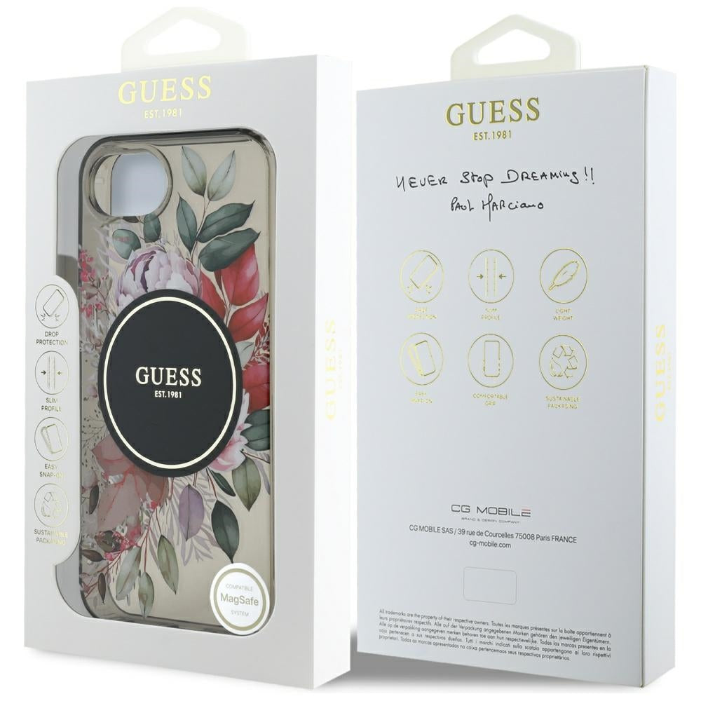 Étui MagSafe pour Apple iPhone 17e / 16e, Guess, IML Flowers, Noir