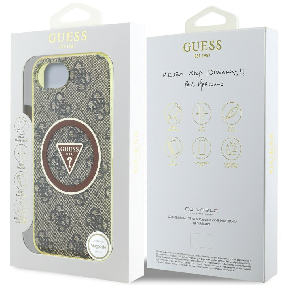 Étui MagSafe pour Apple iPhone 17e / 16e, Guess, IML Glitter 4G Circle Triangle, Marron