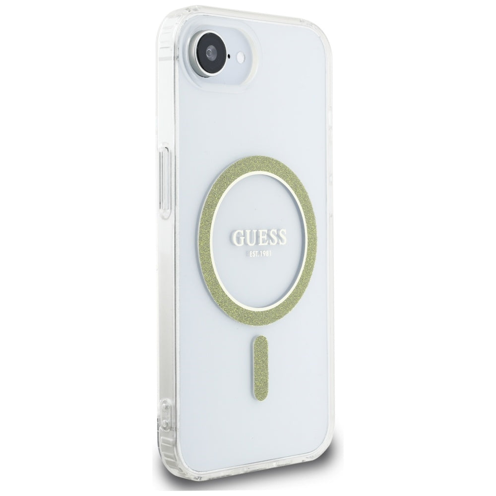 Coque MagSafe pour Apple iPhone 17e / 16e, Guess, IML Glitter Circle, Transparente