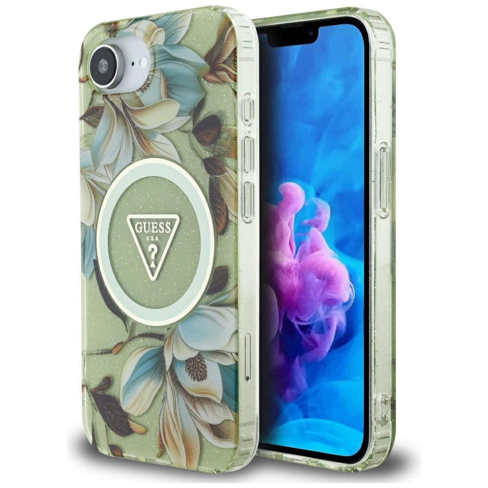 Étui MagSafe pour Apple iPhone 17e / 16e, Guess, IML Metal Glitter Flowers Triangle, Vert
