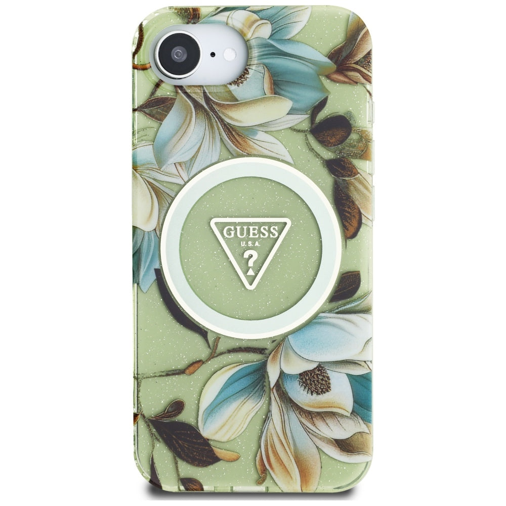 Étui MagSafe pour Apple iPhone 17e / 16e, Guess, IML Metal Glitter Flowers Triangle, Vert